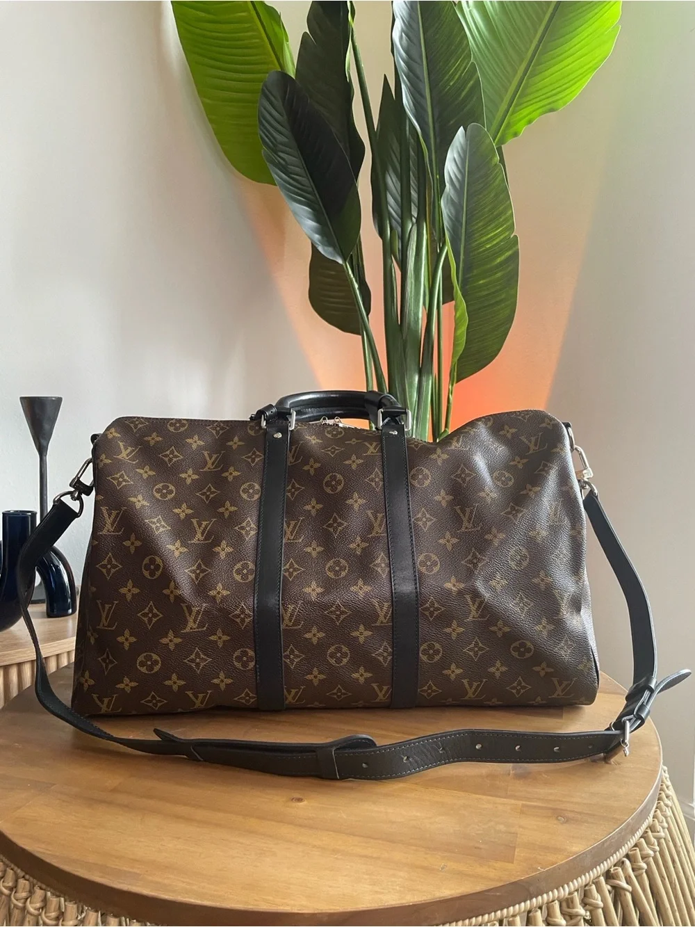 Louis Vuitton Brown Monogram Duffel with Black Leather Trim 45 Keepall